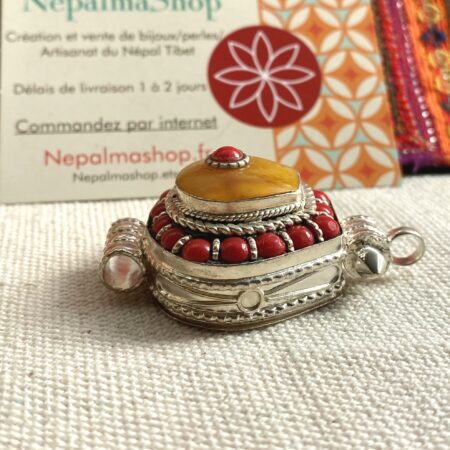 Pendentif Ethnique Boite-Bijoux Corail Ambré