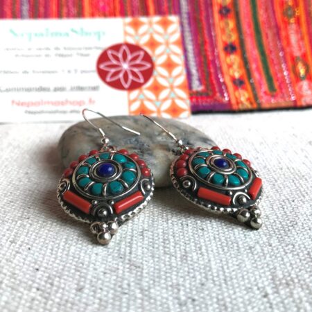 Alternative view of Boucles d'oreilles ethniques en Pierres-Turquoise Lapis Corail