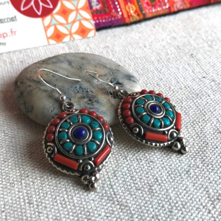 Boucles d'oreilles ethniques en Pierres-Turquoise Lapis Corail