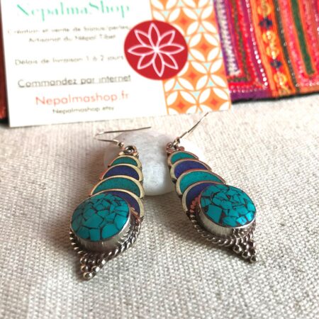 Alternative view of Boucles d'oreilles Tibétaines Népalaises-Bijoux du Monde Nature en Turquoise et Lapis Lazuli