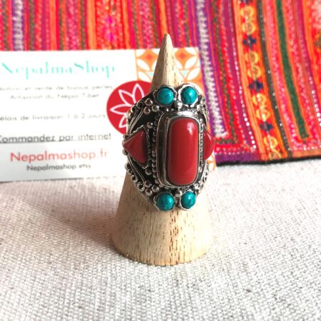 Alternative view of Bague Tibétaine Turquoise Corail Argent