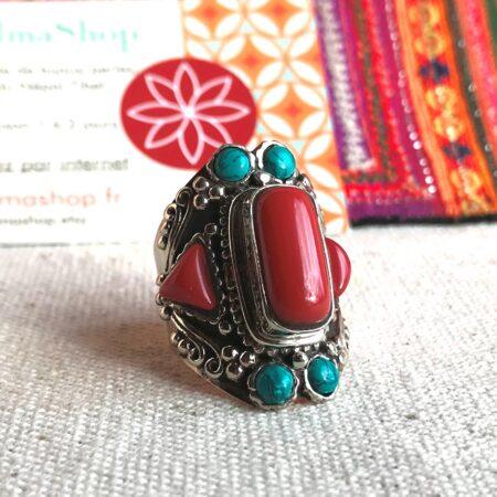 Bague Tibétaine Turquoise Corail Argent