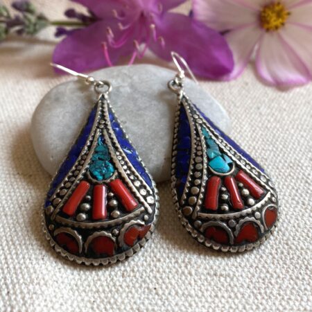 Boucles d'oreilles Ethniques-Bijoux Turquoise Lapis Corail