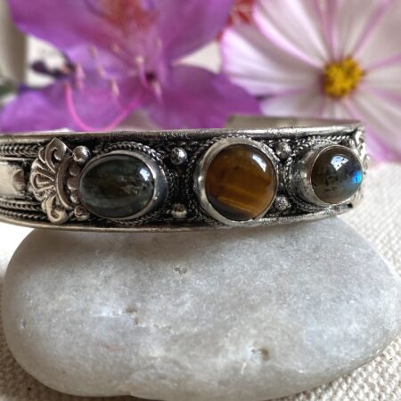 Alternative view of Bracelet manchette Pierres naturelles-Labradorite Oeil du Tigre Onyx