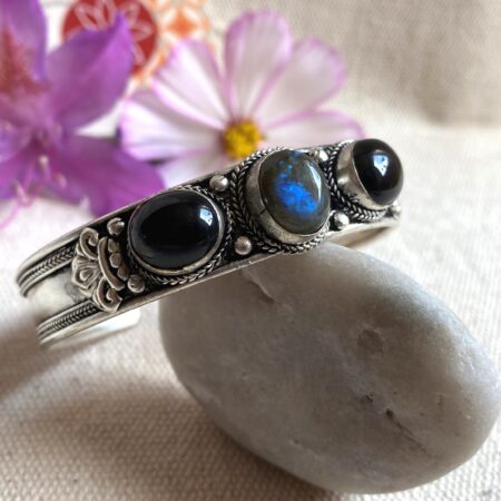 Bracelet manchette Pierres naturelles-Labradorite Oeil du Tigre Onyx