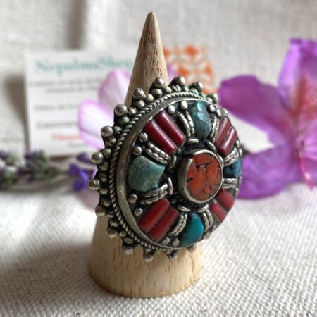 Grande Bague Tibétaine Turquoise Corail Argent-Bijoux anciens Himalaya Tibet