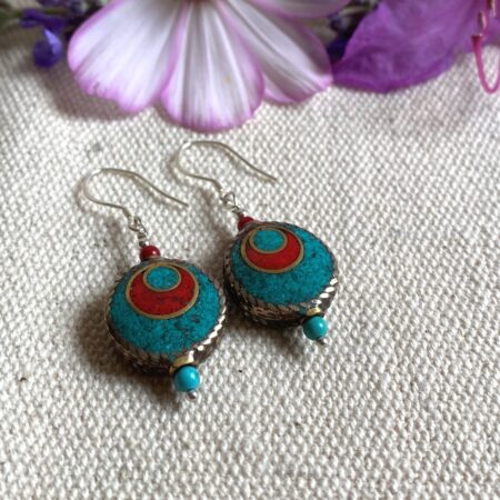 Alternative view of Boucles d'oreilles Ethniques Turquoise Corail-Collection Nepalmashop