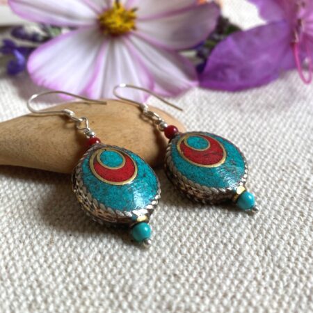 Boucles d'oreilles Ethniques Turquoise Corail-Collection Nepalmashop