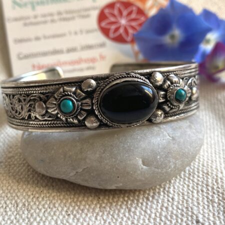 Bracelet manchette ethnique argent filgranes Pierre Onyx