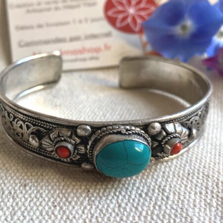 Alternative view of Bracelet manchette ethnique argent filgranes Pierre Turquoise