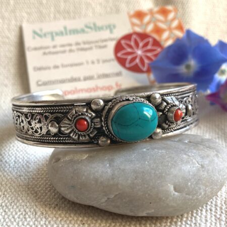 Bracelet manchette ethnique argent filgranes Pierre Turquoise