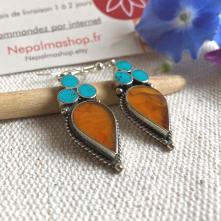 Boucles d'oreilles Ethniques Turquoise Ambre