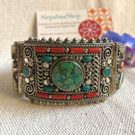 Grand Bracelet Manchette en Pierres Turquoise Corail-Bijoux Himalaya Népal