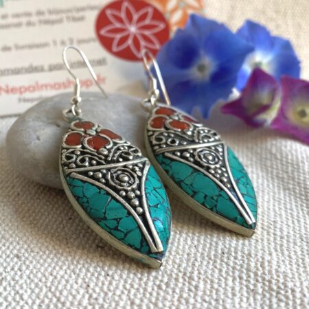 Alternative view of Boucles d'oreilles Turquoise Corail-Bijoux Népal Tibet-Pierres Naturelles