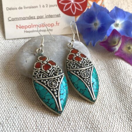 Boucles d'oreilles Turquoise Corail-Bijoux Népal Tibet-Pierres Naturelles