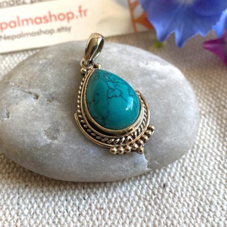 Pendentif Turquoise Argent-Bijoux Népal Tibet