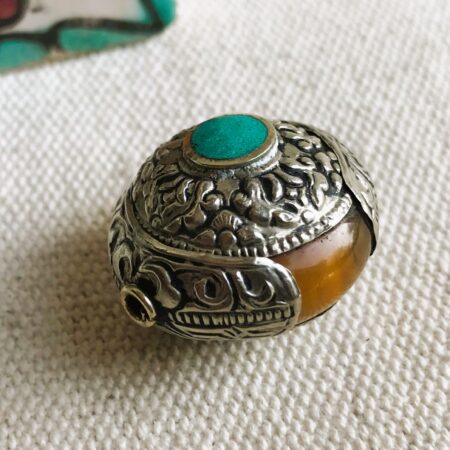 Perle Ethnique Tibétaine en argent et Turquoise-Perle du Monde pour création