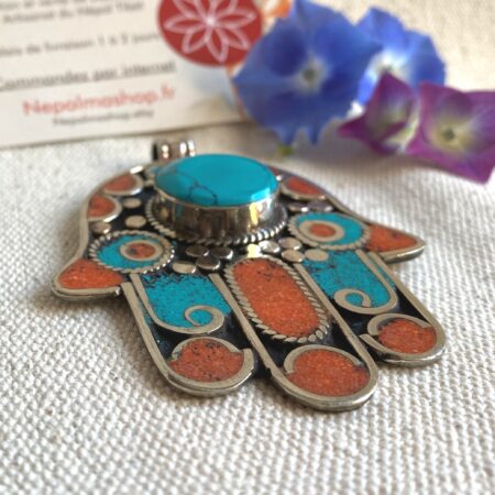 Alternative view of Grand Pendentif Ethnique-Main Hamsa-Turquoise Corail