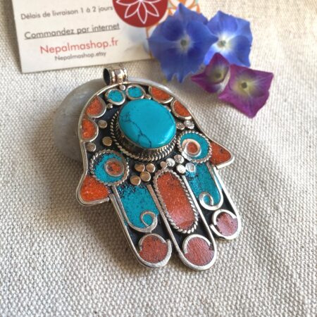 Grand Pendentif Ethnique-Main Hamsa-Turquoise Corail