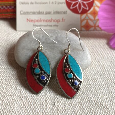 Boucles d'oreilles Ethniques Népal Turquoise Corail Lapis